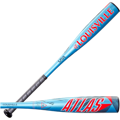 Two views of the blue 2026 Louisville Slugger Atlas (-12.5) 2 1/4" USA T-Ball Bat (WBL4133010); one shows the LOUISVILLE logo, the other ATLAS name in red and white—ideal one-piece alloy bat for young players.