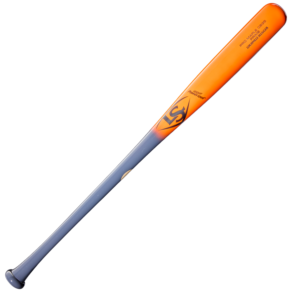 A Louisville Slugger Pro Prime CB35 Maple Wood Baseball Bat (WBL4154010) featuring a metallic gray handle that transitions to a bright orange barrel, adorned with the Louisville Slugger logo and text near the end of the barrel.