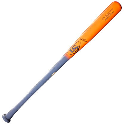 A Louisville Slugger Pro Prime CB35 Maple Wood Baseball Bat (WBL4154010) featuring a metallic gray handle that transitions to a bright orange barrel, adorned with the Louisville Slugger logo and text near the end of the barrel.