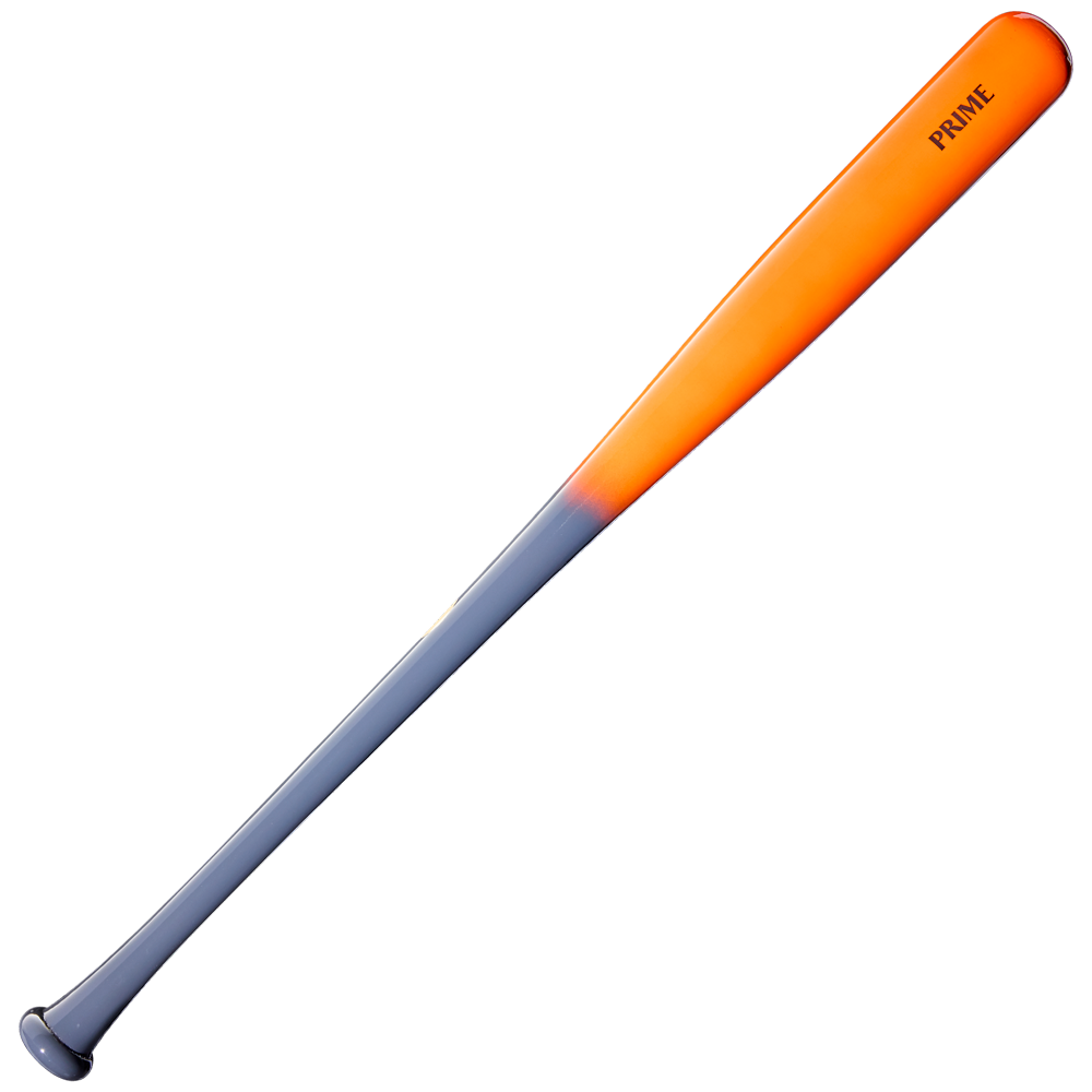 A Louisville Slugger Pro Prime CB35 maple wood baseball bat (WBL4154010) featuring a gray handle that fades into a vibrant orange at the barrel, with “PRIME” printed near the end in a style reminiscent of Cody Bellinger’s bat. The bat is showcased against a plain white background.