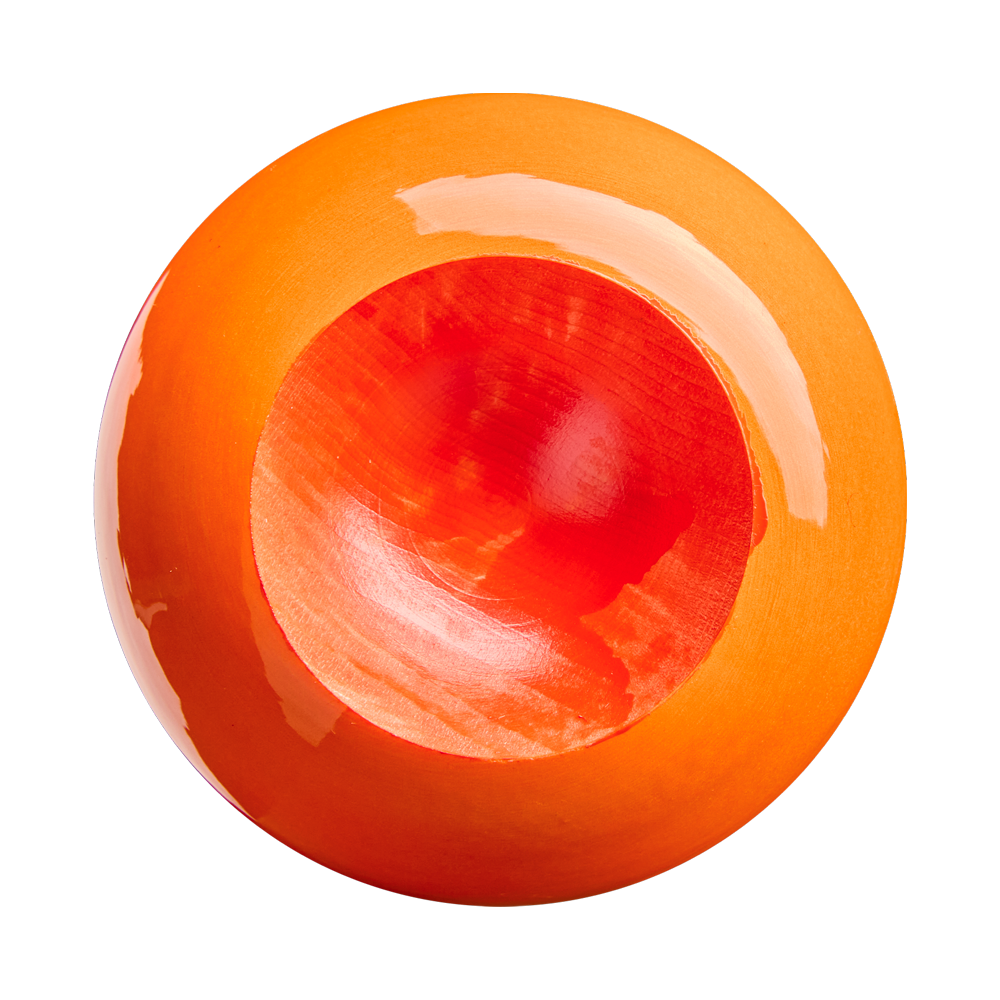 A round, glossy, orange-red wooden bowl—crafted from maple evocative of the renowned Louisville Slugger Pro Prime CB35 Maple Wood Baseball Bat (WBL4154010) by Louisville Slugger—is seen from above against a white background. The bowl’s inner surface reveals striking wood grain and a vibrant gradient of red and orange tones, reminiscent of the rich hues found in top-tier maple bats favored by professional players.