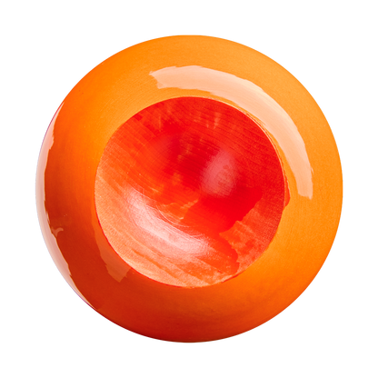 A round, glossy, orange-red wooden bowl—crafted from maple evocative of the renowned Louisville Slugger Pro Prime CB35 Maple Wood Baseball Bat (WBL4154010) by Louisville Slugger—is seen from above against a white background. The bowl’s inner surface reveals striking wood grain and a vibrant gradient of red and orange tones, reminiscent of the rich hues found in top-tier maple bats favored by professional players.