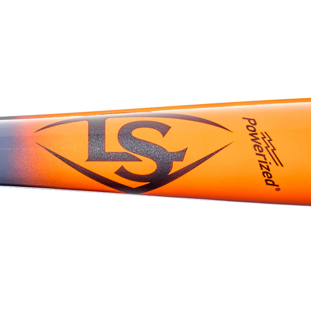 An orange Louisville Slugger Pro Prime CB35 maple wood baseball bat featuring a black LS logo inside a diamond shape and the word “powerized” beside it, reminiscent of the professional style seen in Cody Bellinger’s bats.