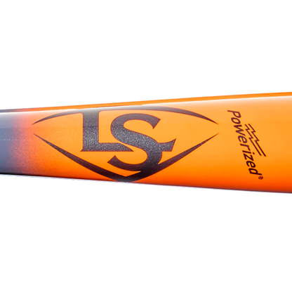 An orange Louisville Slugger Pro Prime CB35 maple wood baseball bat featuring a black LS logo inside a diamond shape and the word “powerized” beside it, reminiscent of the professional style seen in Cody Bellinger’s bats.