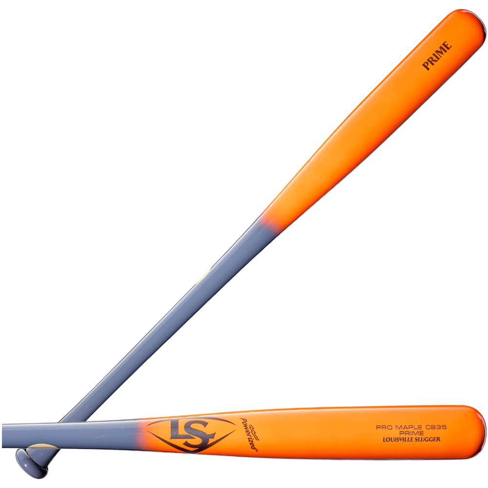 Two baseball bats, each featuring a gray handle that transitions into a vibrant orange barrel. The barrels display logos and text such as LS, Prime, and Louisville Slugger. One of the bats is the Louisville Slugger Pro Prime CB35 Maple Wood Baseball Bat: WBL4154010, inspired by the popular Cody Bellinger model. Both bats are arranged in an X shape.