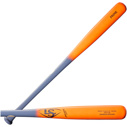 Two baseball bats, each featuring a gray handle that transitions into a vibrant orange barrel. The barrels display logos and text such as LS, Prime, and Louisville Slugger. One of the bats is the Louisville Slugger Pro Prime CB35 Maple Wood Baseball Bat: WBL4154010, inspired by the popular Cody Bellinger model. Both bats are arranged in an X shape.