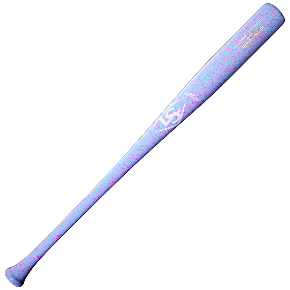 The Louisville Slugger Pro Prime EDLC44 Maple Wood Baseball Bat (WBL4155010) is a light purple maple bat accented with pink speckles, featuring a white LS logo near the center and small gold text near the barrel, designed by Louisville Slugger for an endloaded swing weight.