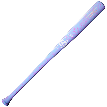 The Louisville Slugger Pro Prime EDLC44 Maple Wood Baseball Bat (WBL4155010) is a light purple maple bat accented with pink speckles, featuring a white LS logo near the center and small gold text near the barrel, designed by Louisville Slugger for an endloaded swing weight.