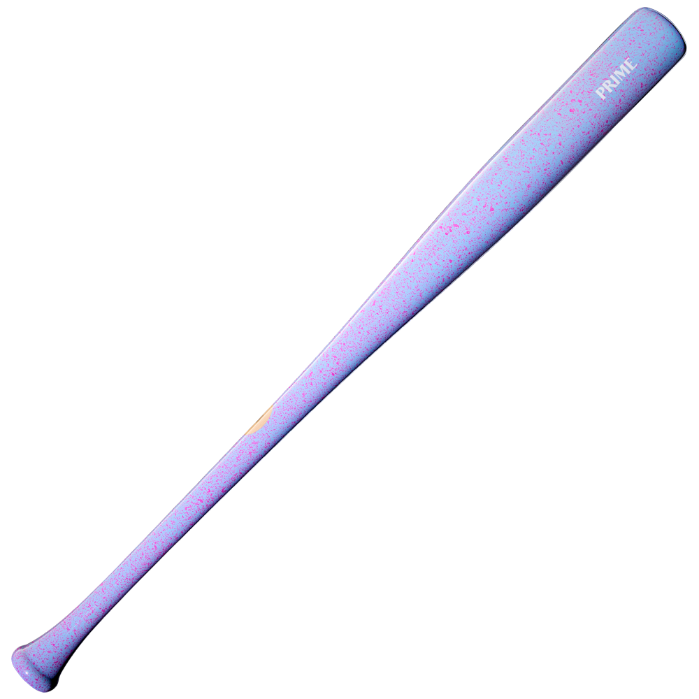 A light purple Louisville Slugger Pro Prime EDLC44 Maple Wood Baseball Bat (WBL4155010), adorned with pink speckles and the word “PRIME” near the barrel, features an endloaded swing weight and is displayed against a white background.
