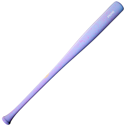 A light purple Louisville Slugger Pro Prime EDLC44 Maple Wood Baseball Bat (WBL4155010), adorned with pink speckles and the word “PRIME” near the barrel, features an endloaded swing weight and is displayed against a white background.