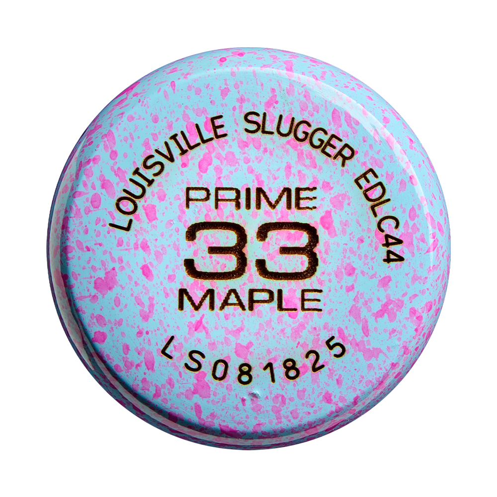 Top view of the Louisville Slugger Pro Prime EDLC44 Maple Wood Baseball Bat (WBL4155010) knob, featuring bold black text—Louisville Slugger, EDLC44, PRIME 33 MAPLE, and LS081825—against a light blue and pink splatter pattern; ideal for players seeking an endloaded swing weight.