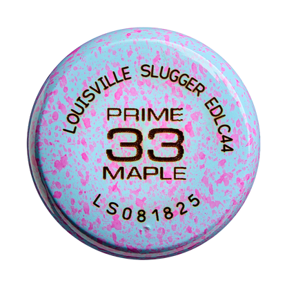 Top view of the Louisville Slugger Pro Prime EDLC44 Maple Wood Baseball Bat (WBL4155010) knob, featuring bold black text—Louisville Slugger, EDLC44, PRIME 33 MAPLE, and LS081825—against a light blue and pink splatter pattern; ideal for players seeking an endloaded swing weight.