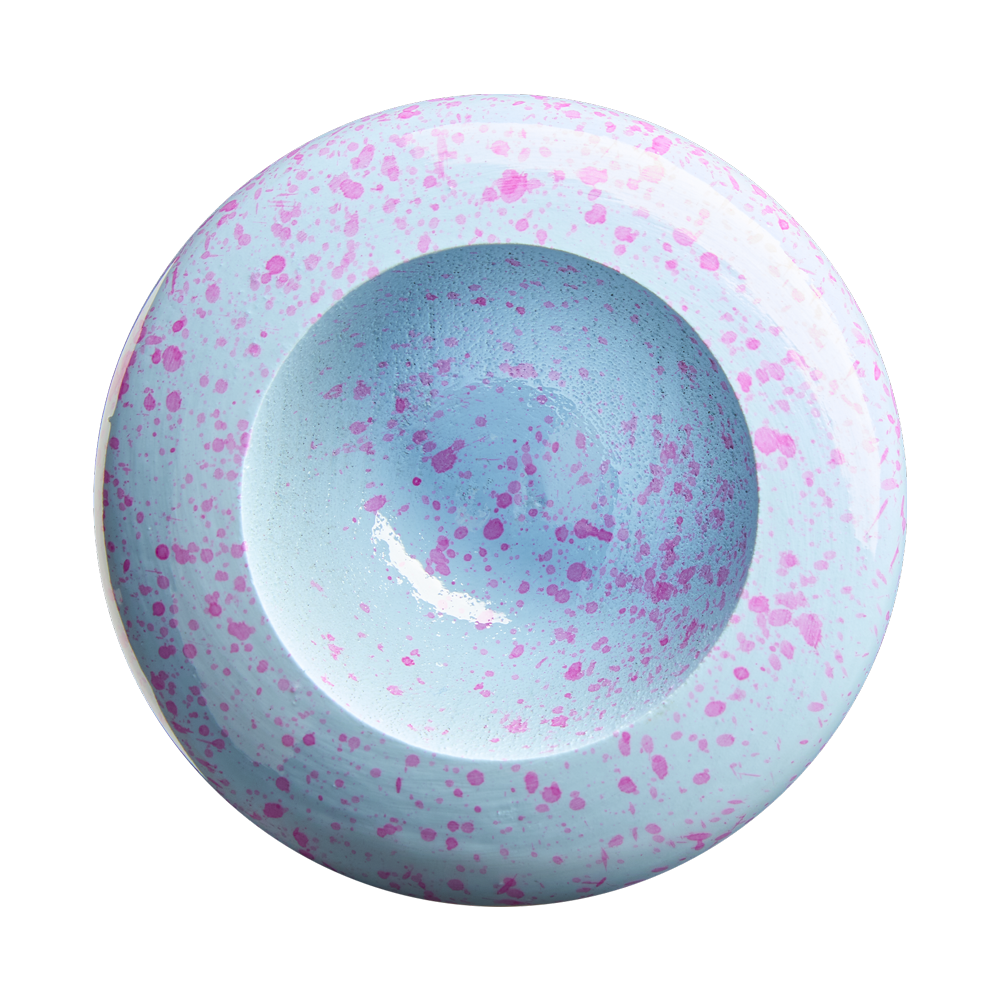 A round, shallow ceramic bowl viewed from above, painted light blue with pink splatter patterns both inside and outside the bowl. The design evokes the clean, classic aesthetic of the Louisville Slugger Pro Prime EDLC44 Maple Wood Baseball Bat (WBL4155010) by Louisville Slugger, standing out against a plain white background.