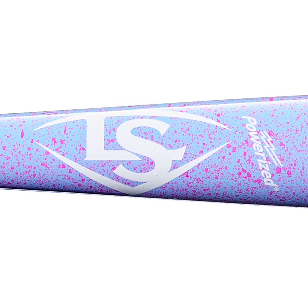 A close-up of the Louisville Slugger Pro Prime EDLC44 Maple Wood Baseball Bat (WBL4155010) showcases its striking purple finish with pink speckles, a prominent white LS logo, and the word “powerized” printed nearby. This model features an endloaded swing weight design to deliver extra force behind every hit.