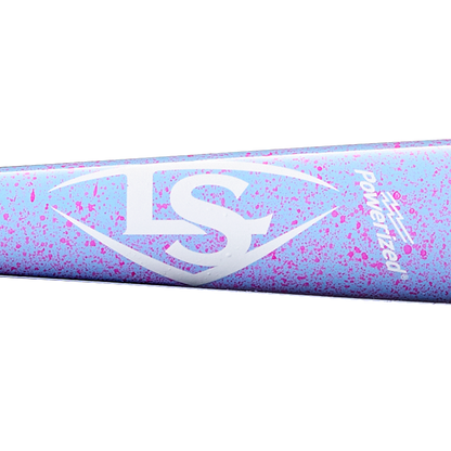 A close-up of the Louisville Slugger Pro Prime EDLC44 Maple Wood Baseball Bat (WBL4155010) showcases its striking purple finish with pink speckles, a prominent white LS logo, and the word “powerized” printed nearby. This model features an endloaded swing weight design to deliver extra force behind every hit.