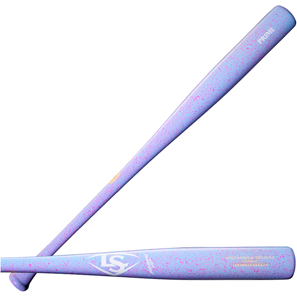 Two Louisville Slugger Pro Prime EDLC44 Maple Wood Baseball Bats (WBL4155010) with a light purple finish accented by pink speckles. These bats showcase white LS and PRIME branding, highlighting their striking appearance. Crossed together—one placed horizontally and the other at an angle—they feature an endloaded swing weight designed by Louisville Slugger for powerful hits.