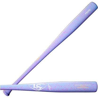Two Louisville Slugger Pro Prime EDLC44 Maple Wood Baseball Bats (WBL4155010) with a light purple finish accented by pink speckles. These bats showcase white LS and PRIME branding, highlighting their striking appearance. Crossed together—one placed horizontally and the other at an angle—they feature an endloaded swing weight designed by Louisville Slugger for powerful hits.