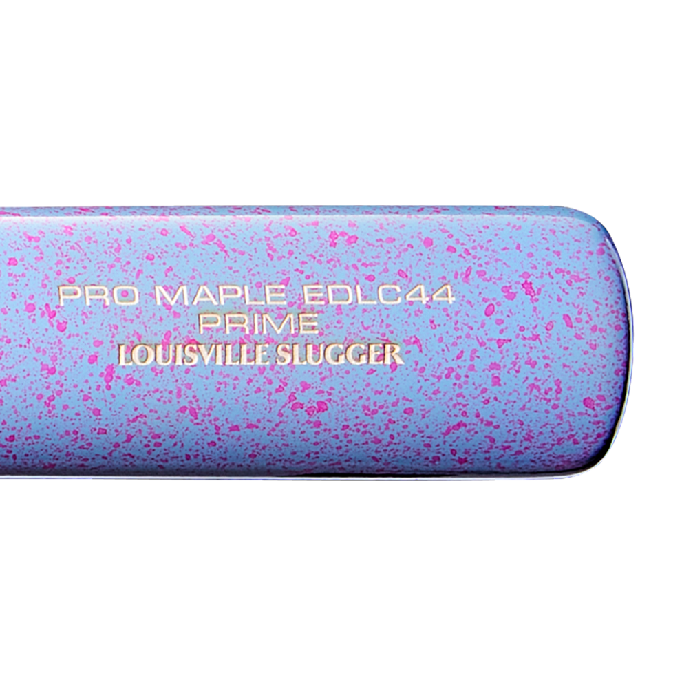 Detailed close-up of the Louisville Slugger Pro Prime EDLC44 Maple Wood Baseball Bat (WBL4155010), showcasing its striking purple and pink speckled finish with gold lettering on the barrel reading “PRO MAPLE EDLC44 PRIME LOUISVILLE SLUGGER.” This bat is designed with an endloaded swing weight to deliver powerful hits.