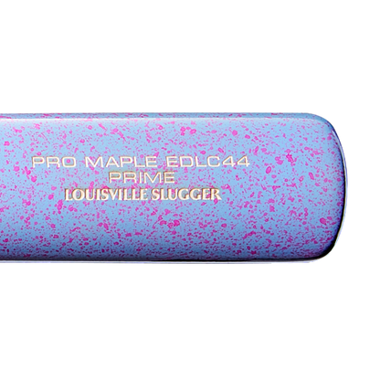 Detailed close-up of the Louisville Slugger Pro Prime EDLC44 Maple Wood Baseball Bat (WBL4155010), showcasing its striking purple and pink speckled finish with gold lettering on the barrel reading “PRO MAPLE EDLC44 PRIME LOUISVILLE SLUGGER.” This bat is designed with an endloaded swing weight to deliver powerful hits.
