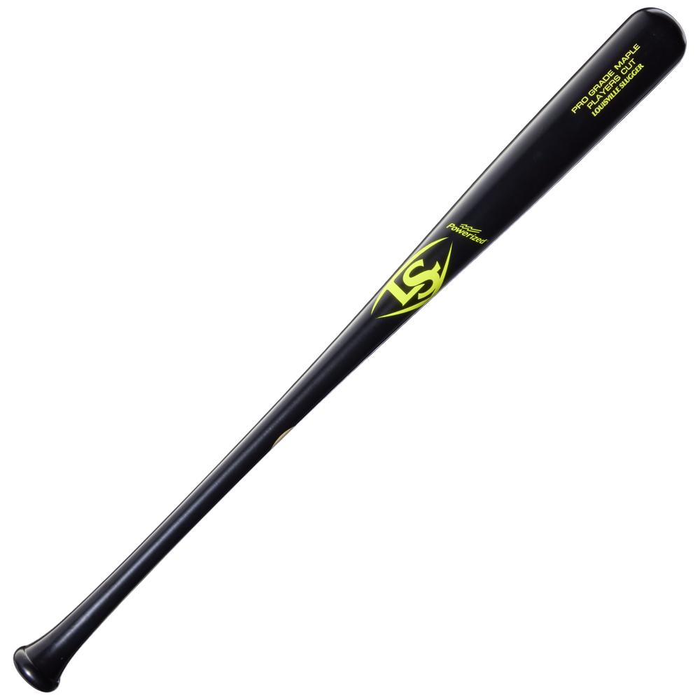The Louisville Slugger Players Cut Maple Wood Baseball Bat (WBL4158010) by Louisville Slugger is displayed diagonally on a plain white background, featuring black and yellow accents.