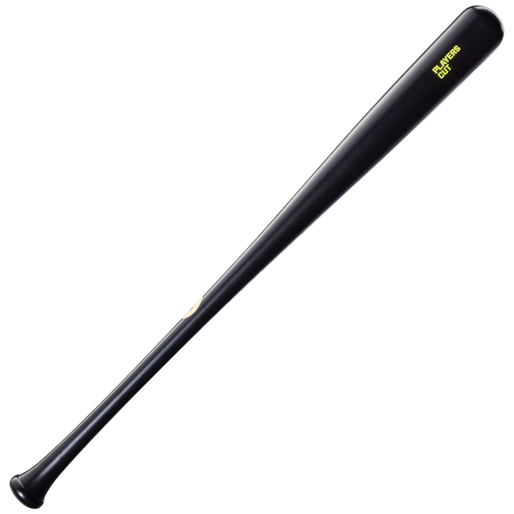 The Louisville Slugger Players Cut Maple Wood Baseball Bat: WBL4158010, a black bat with “PLAYERS CUT” in yellow near the barrel, highlights its premium maple construction and EXOPRO-Ppr Hardcoat finish from Louisville Slugger, presented on a plain white background.