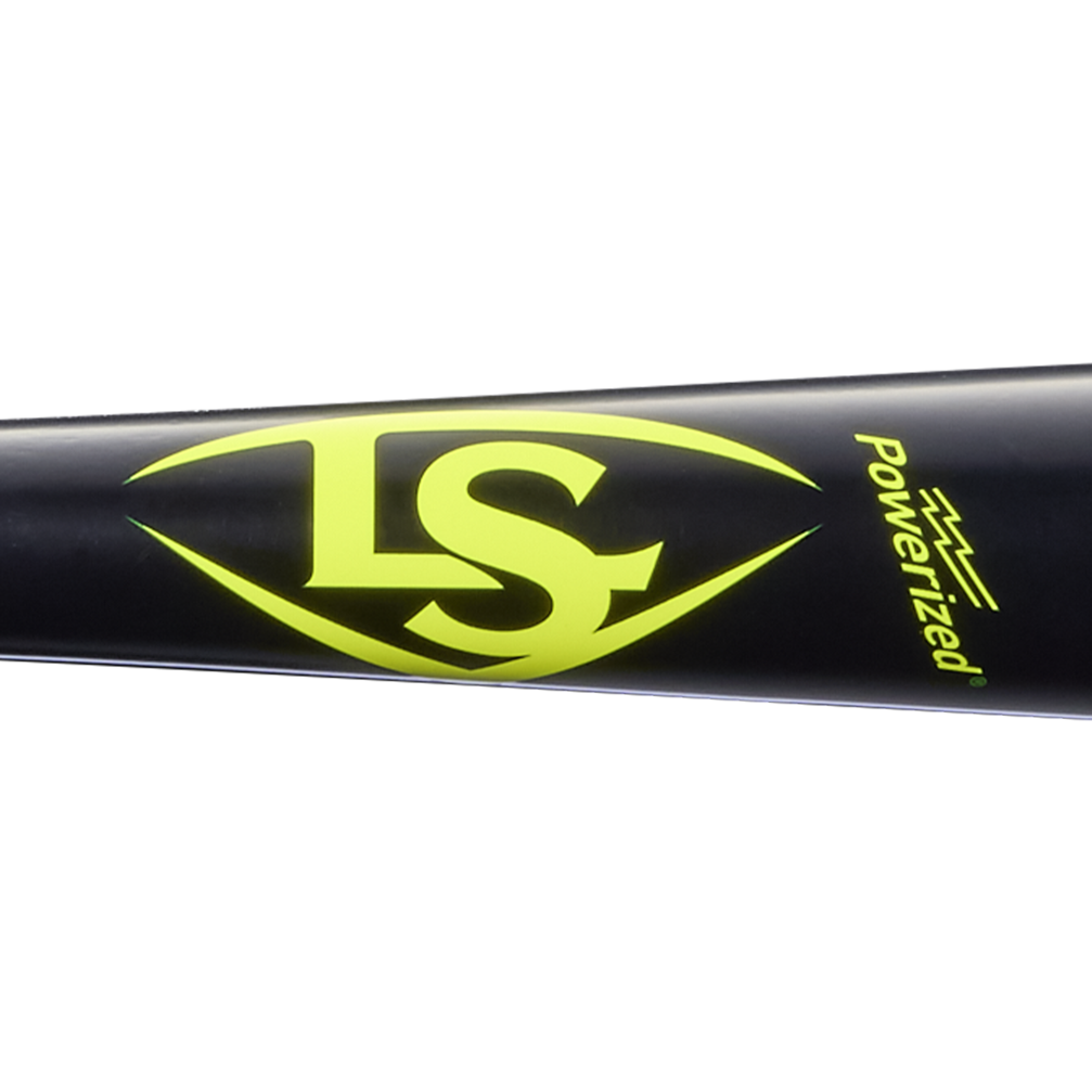 A close-up of the Louisville Slugger Players Cut Maple Wood Baseball Bat (WBL4158010) shows a black bat with a yellow LS logo and “Powerized” printed in yellow. This Louisville Slugger bat features an EXOPRO-Ppr Hardcoat finish for enhanced durability and performance.