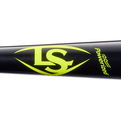 A close-up of the Louisville Slugger Players Cut Maple Wood Baseball Bat (WBL4158010) shows a black bat with a yellow LS logo and “Powerized” printed in yellow. This Louisville Slugger bat features an EXOPRO-Ppr Hardcoat finish for enhanced durability and performance.