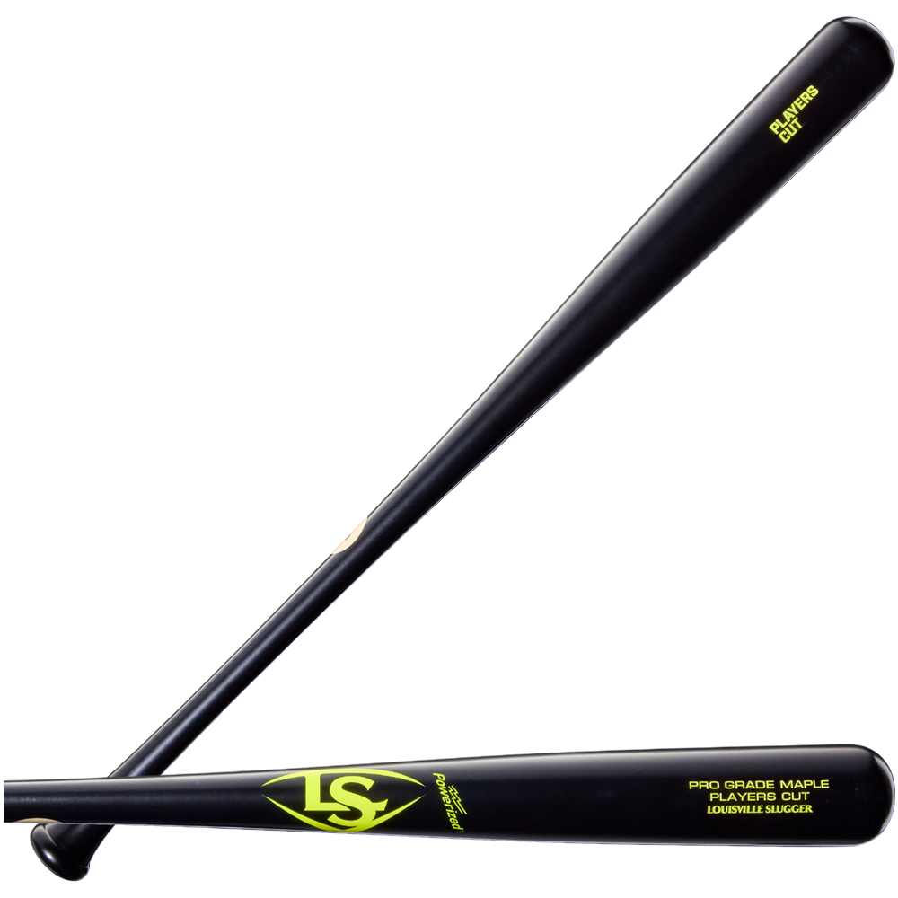Two black Louisville Slugger Players Cut Maple Wood Baseball Bats (WBL4158010) featuring yellow writing and logos are shown crossed diagonally on a white background. These bats are crafted from maple and enhanced with the EXOPRO-Ppr Hardcoat for increased durability and performance.