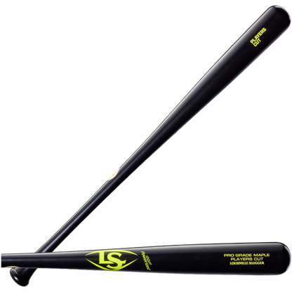 Two black Louisville Slugger Players Cut Maple Wood Baseball Bats (WBL4158010) featuring yellow writing and logos are shown crossed diagonally on a white background. These bats are crafted from maple and enhanced with the EXOPRO-Ppr Hardcoat for increased durability and performance.