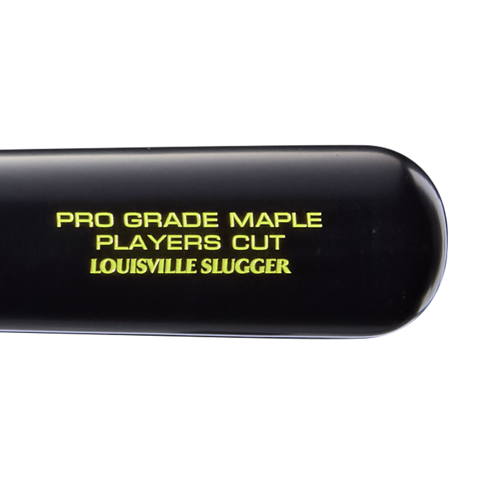 A close-up of the Louisville Slugger Players Cut Maple Wood Baseball Bat (WBL4158010), a black bat featuring yellow text reading PRO GRADE PLAYERS CUT MAPLE LOUISVILLE SLUGGER on its barrel, highlights its signature Maple Turning Model and robust EXOPRO-Ppr Hardcoat finish.
