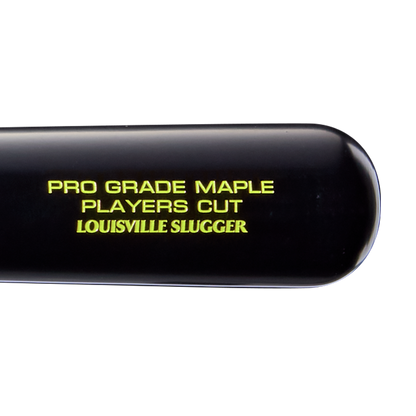 A close-up of the Louisville Slugger Players Cut Maple Wood Baseball Bat (WBL4158010), a black bat featuring yellow text reading PRO GRADE PLAYERS CUT MAPLE LOUISVILLE SLUGGER on its barrel, highlights its signature Maple Turning Model and robust EXOPRO-Ppr Hardcoat finish.