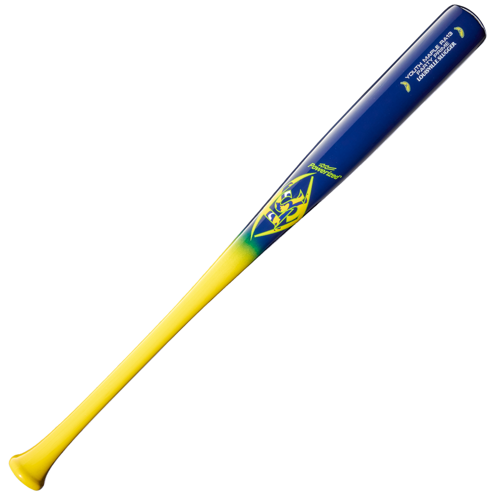 The Louisville Slugger Youth Prime Savannah Bananas RA13 Maple Wood Baseball Bat (WBL4160010) features a striking blue and yellow gradient design with a logo and text on the barrel, capturing the vibrant style inspired by the Savannah Bananas.