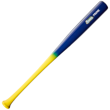The Louisville Slugger Youth Prime Savannah Bananas RA13 Maple Wood Baseball Bat (WBL4160010) features a striking blue top that transitions into green and yellow near the handle, with the word “PRIME” and a logo on the barrel—capturing the vibrant style inspired by Savannah Bananas baseball bats.