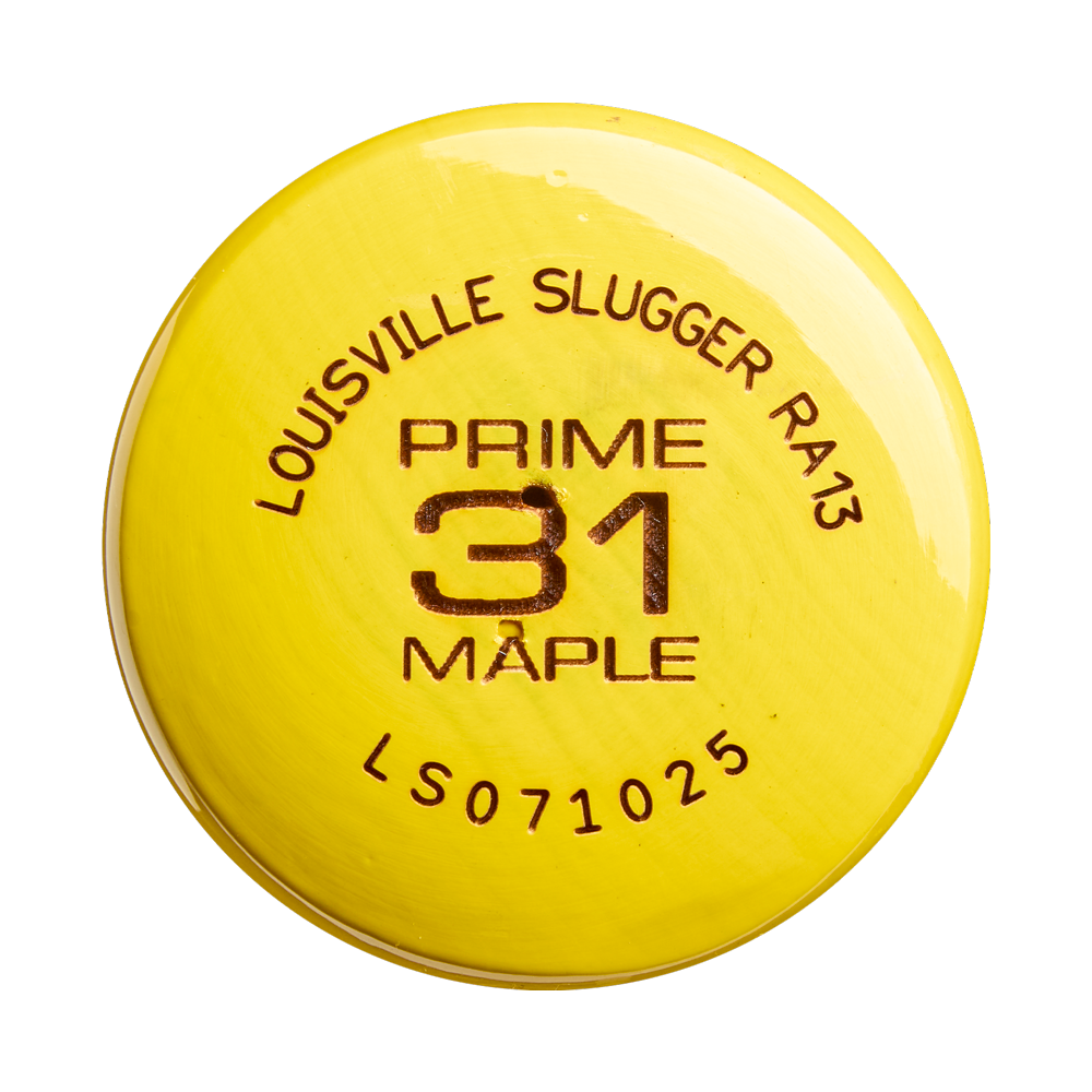 A yellow knob from the Louisville Slugger Youth Prime Savannah Bananas RA13 Maple Wood Baseball Bat (WBL4160010), featuring black lettering that reads “LOUISVILLE SLUGGER RA13 PRIME 31 MAPLE LS071025,” inspired by the Youth Prime maple bat model popularly linked with Ronald Acuña Jr.