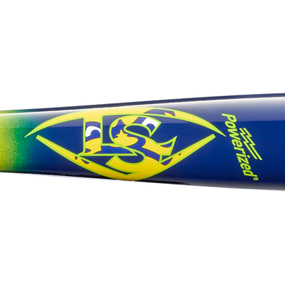 A close-up of a blue and green Louisville Slugger Youth Prime Savannah Bananas RA13 maple wood baseball bat, highlighted by a yellow and green LS logo and the word “Powerized” printed on it, similar to bats favored by players like Ronald Acuña Jr.