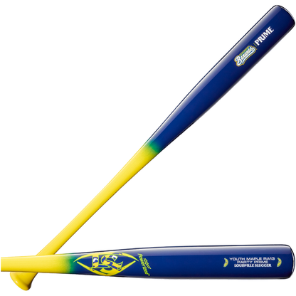 Two Louisville Slugger Youth Prime Savannah Bananas RA13 Maple Wood Baseball Bats, inspired by the Youth Prime maple bat design, are crossed over each other. Each bat features the Louisville Slugger brand markings and showcases a bold fade from yellow at the handle to blue at the barrel.