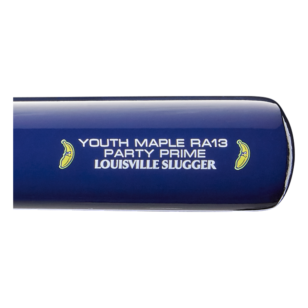 Close-up of the Louisville Slugger Youth Prime Savannah Bananas RA13 Maple Wood Baseball Bat (WBL4160010), featuring a blue finish with small banana graphics and white text, inspired by Ronald Acuña Jr. and evoking the style of a Savannah Bananas bat.
