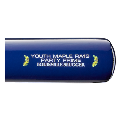 Close-up of the Louisville Slugger Youth Prime Savannah Bananas RA13 Maple Wood Baseball Bat (WBL4160010), featuring a blue finish with small banana graphics and white text, inspired by Ronald Acuña Jr. and evoking the style of a Savannah Bananas bat.
