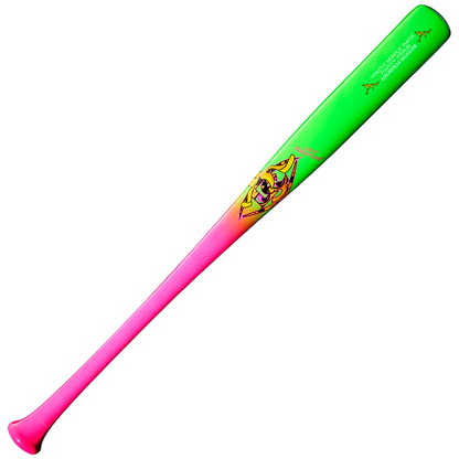 The Louisville Slugger Youth Prime Party Animals RA13 Maple Wood Baseball Bat: WBL4161010 features a bright pink handle that fades into a neon green barrel, highlighted by a vibrant design near the center and inspired by Ronald Acuña Jr.