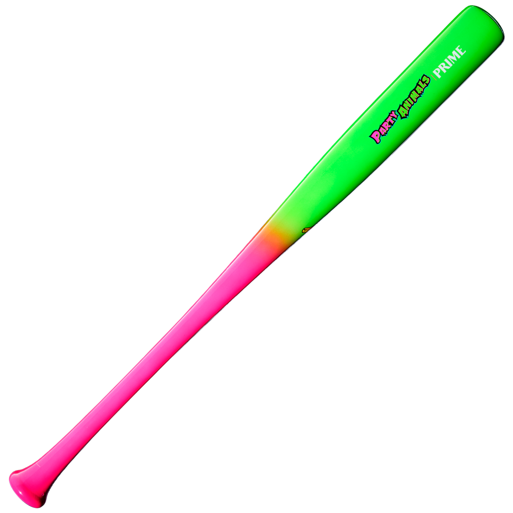 Inspired by Ronald Acuña Jr., the Louisville Slugger Youth Prime Party Animals RA13 Maple Wood Baseball Bat (WBL4161010) features a vibrant pink handle that fades into a neon green barrel. The barrel is emblazoned with “Prime Slugger Prime” in colorful lettering, reflecting its lively design from Louisville Slugger.