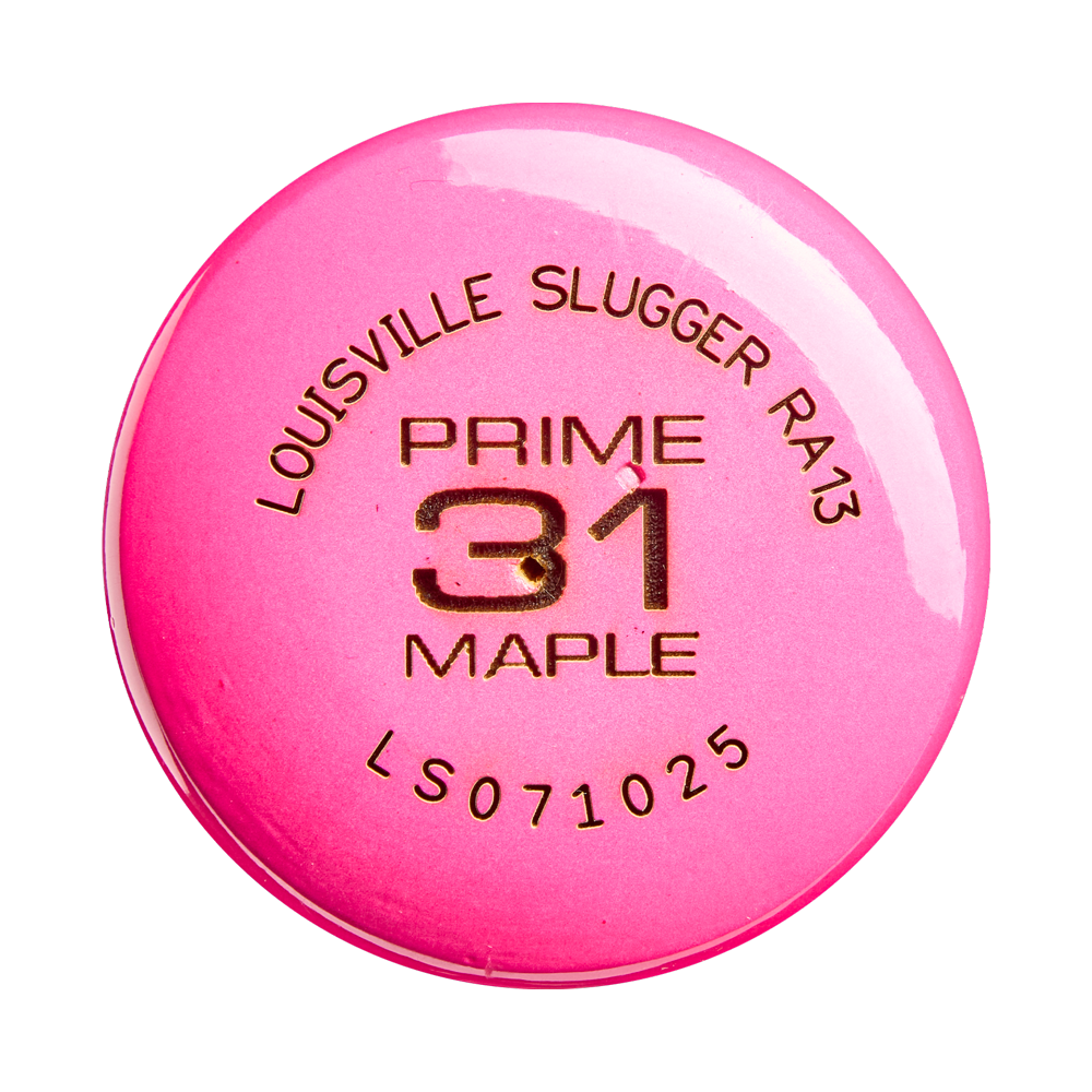 A pink baseball bat knob inspired by the Louisville Slugger Youth Prime Party Animals RA13 Maple Wood Baseball Bat (WBL4161010), featuring Louisville Slugger branding and model details in gold lettering on the top—a tribute to Ronald Acuña Jr.’s signature maple bat style.