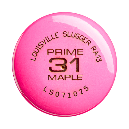A pink baseball bat knob inspired by the Louisville Slugger Youth Prime Party Animals RA13 Maple Wood Baseball Bat (WBL4161010), featuring Louisville Slugger branding and model details in gold lettering on the top—a tribute to Ronald Acuña Jr.’s signature maple bat style.
