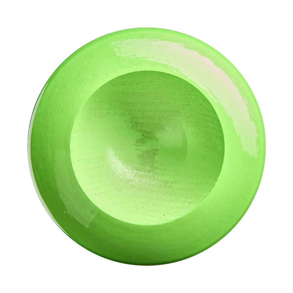A round, bright green wooden bowl viewed from above, featuring a smooth, glossy surface and curved interior reminiscent of the finish on a Louisville Slugger Youth Prime Party Animals RA13 Maple Wood Baseball Bat (WBL4161010), set against a white background.