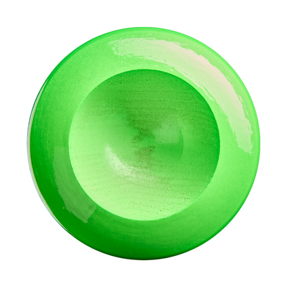 A round, bright green wooden bowl viewed from above, featuring a smooth, glossy surface and curved interior reminiscent of the finish on a Louisville Slugger Youth Prime Party Animals RA13 Maple Wood Baseball Bat (WBL4161010), set against a white background.