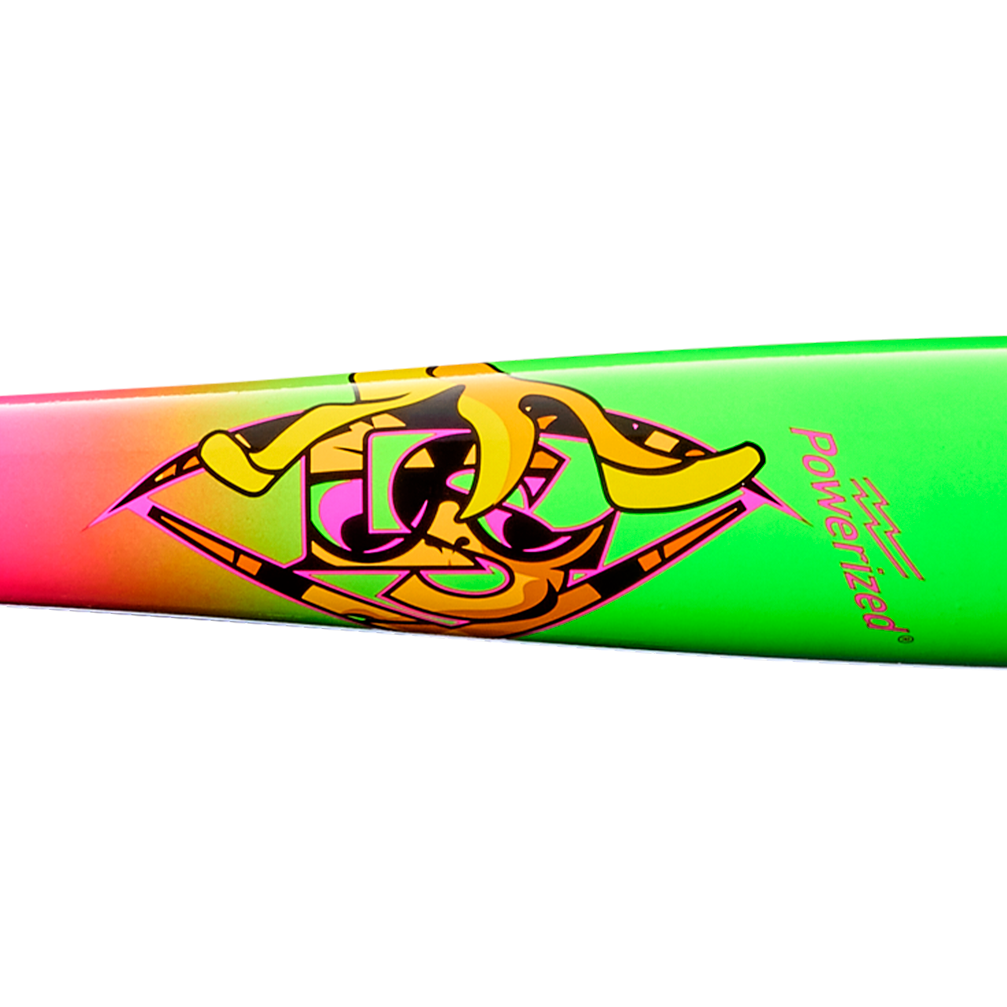 A vibrant Louisville Slugger Youth Prime Party Animals RA13 Maple Wood Baseball Bat, featuring a cartoon banana with sunglasses, is set against a green and pink gradient background. Inspired by the playful energy of the Party Animals series, “Powerized” is boldly printed on the barrel.
