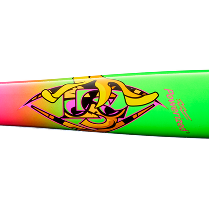 A vibrant Louisville Slugger Youth Prime Party Animals RA13 Maple Wood Baseball Bat, featuring a cartoon banana with sunglasses, is set against a green and pink gradient background. Inspired by the playful energy of the Party Animals series, “Powerized” is boldly printed on the barrel.