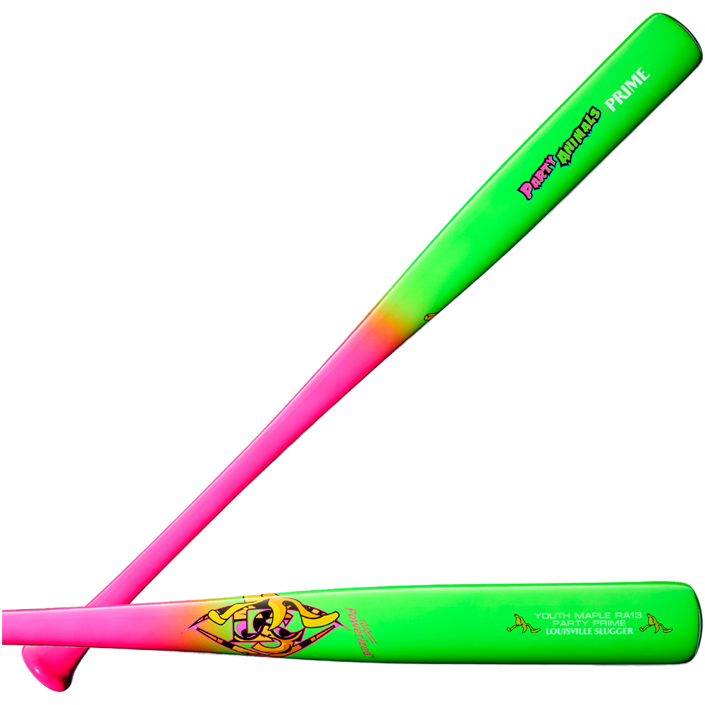 Two vibrant baseball bats, both featuring pink handles that fade into green barrels. One—the Louisville Slugger Youth Prime Party Animals RA13 Maple Wood Baseball Bat—prominently displays “PRIME” and “POWER HITTERS” text, while the other showcases cartoon graphics inspired by Ronald Acuña Jr., along with additional branding.