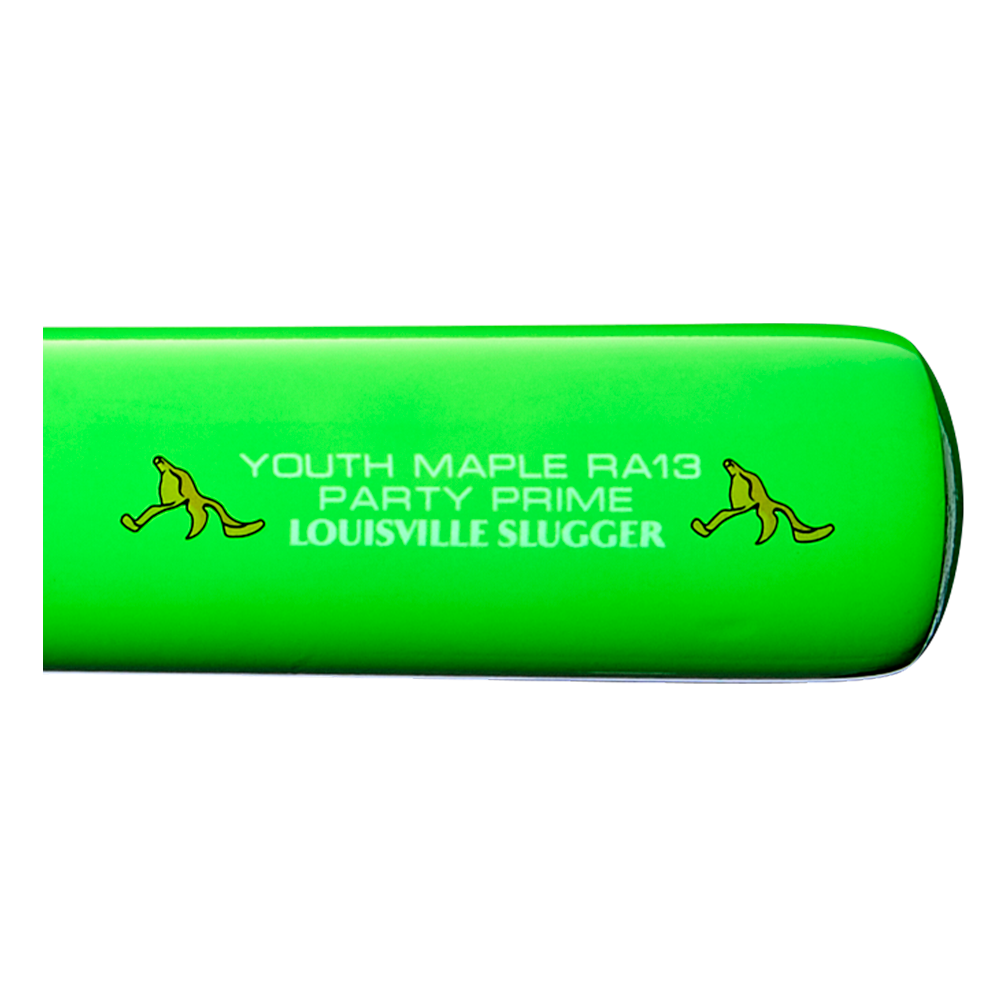 Close-up of the Louisville Slugger Youth Prime Party Animals RA13 Maple Wood Baseball Bat: WBL4161010 in bright green, featuring yellow text and silhouettes of two kangaroos swinging bats on either side. This Louisville Slugger bat is inspired by Ronald Acuña Jr., infusing vibrant energy into every game.