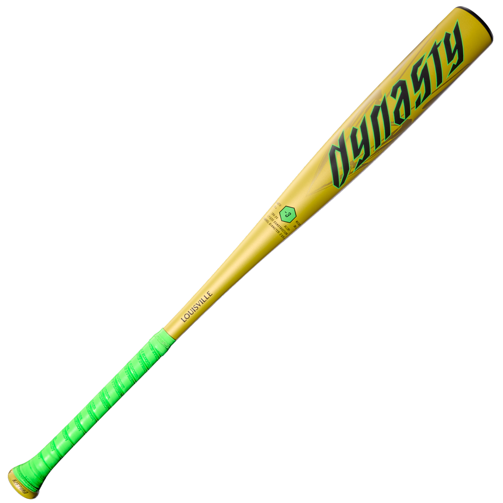 The 2026 Louisville Slugger Dynasty (-3) BBCOR Baseball Bat (WBL4162010) features a yellow one-piece alloy design, DYNASTY in bold green letters, a green handle grip, and LOUISVILLE printed near the handle on a white background.