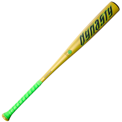 The 2026 Louisville Slugger Dynasty (-3) BBCOR Baseball Bat (WBL4162010) features a yellow one-piece alloy design, DYNASTY in bold green letters, a green handle grip, and LOUISVILLE printed near the handle on a white background.